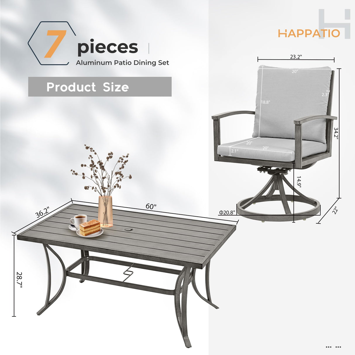 HAPPATIO 7-Piece Outdoor Dining Set - All Aluminum Patio Table and Chairs Set for 6 Includes 1 Rectangular Dining Table and 6 Swivel Dining Chairs with Cushions for Lawn, Garden, Backyard HAPPATIO