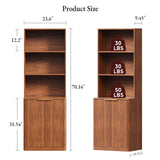 Hootata 71" Walnut Bookcase with Doors, 5 Tier Fluted Tall Bookshelf with Storage, Librero with Cabinet for Home Office, Living Room,or Bedroom Hootata