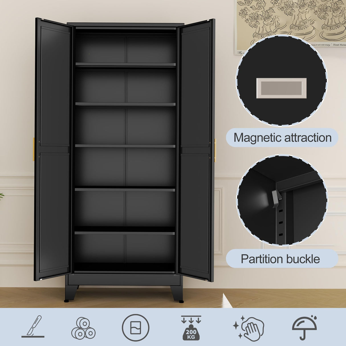 RISTERN Black Metal Storage Cabinet,75" Steel Cabinets for Home Office, Kitchen Pantry Storage Cabinet with Doors and 5 Adjustable Shelves, Tool Cabinets, for Office, Home, Garage, School RISTERN