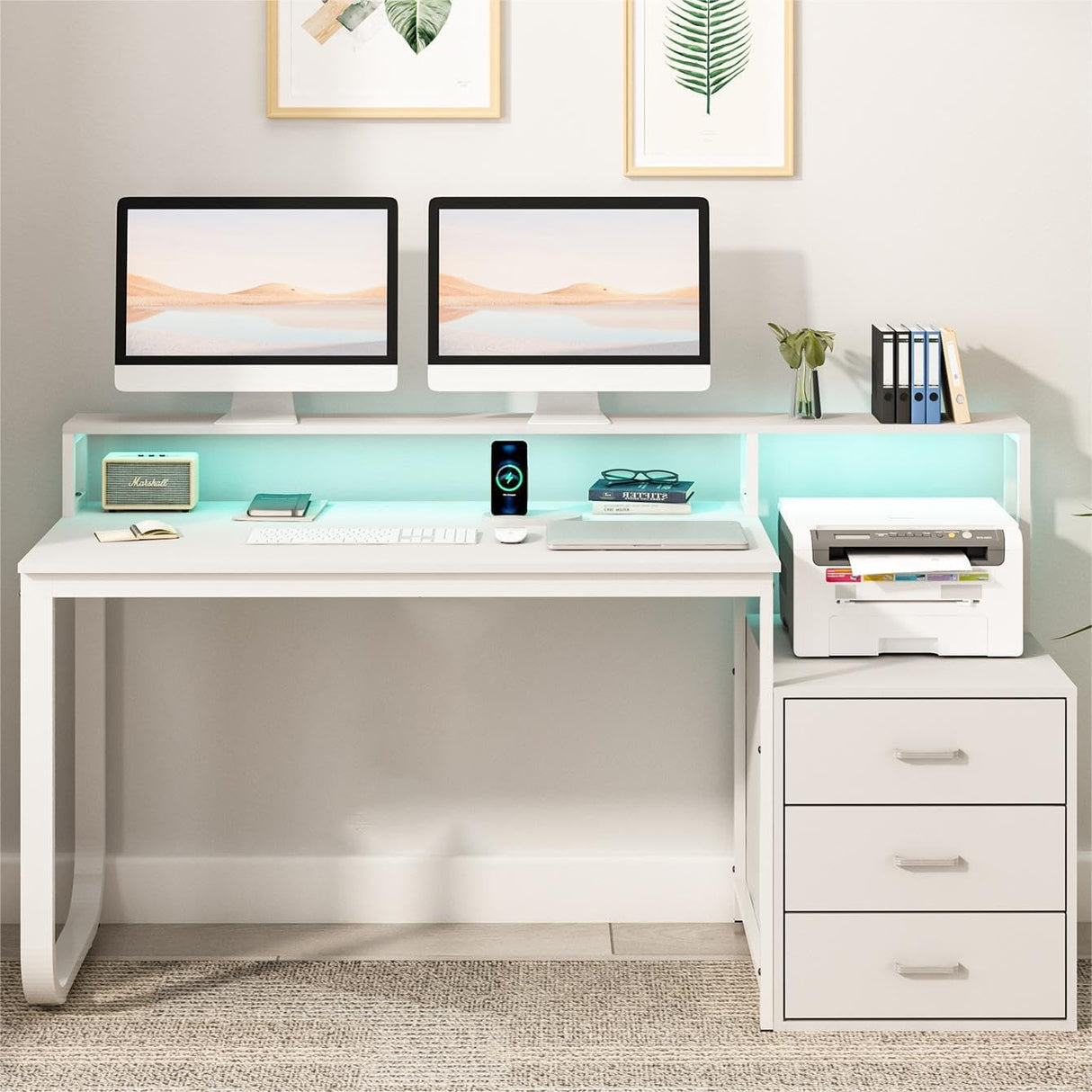 HOMBCK 67” White Desk with 3 Drawers and Storage, Reversible White Office Desk Computer Desk with Monitor Stand, Home Office Desk with LED Strips and Printer Standfor Bedroom HOMBCK