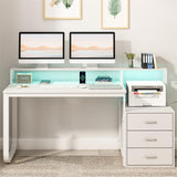 HOMBCK 67” White Desk with 3 Drawers and Storage, Reversible White Office Desk Computer Desk with Monitor Stand, Home Office Desk with LED Strips and Printer Standfor Bedroom HOMBCK