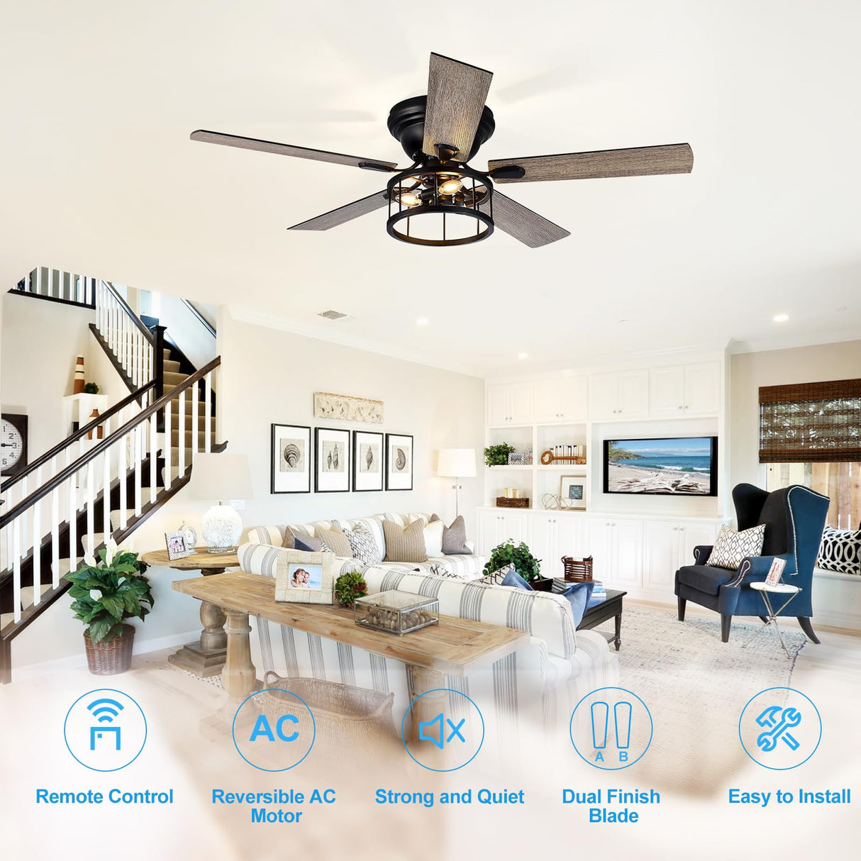 Breezary 52 Inch Flush Mount Farmhouse Ceiling Fan with Light and Remote, Reversible AC Motor, 5 Dual Finish Blades, Industrial Low Profile Black Ceiling Fan light for Bedroom Home Breezary