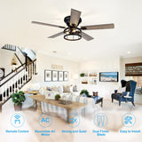 Breezary 52 Inch Flush Mount Farmhouse Ceiling Fan with Light and Remote, Reversible AC Motor, 5 Dual Finish Blades, Industrial Low Profile Black Ceiling Fan light for Bedroom Home Breezary