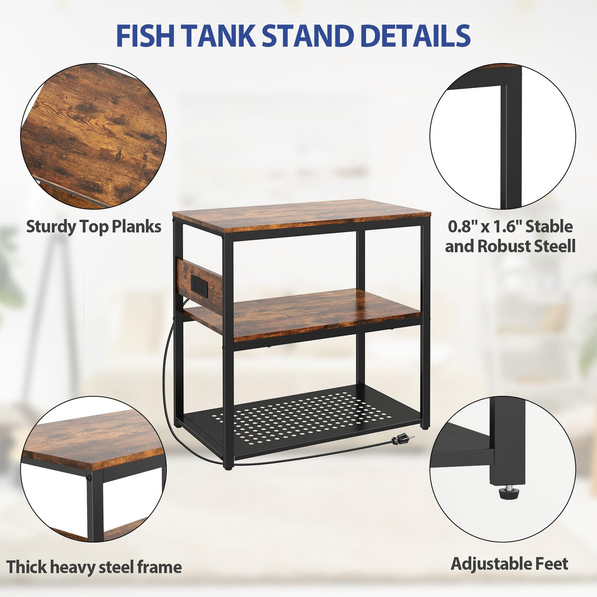 Livofloral 20-29 Gallon Fish Tank Stand With Power Outlets, 3-Tier Metal Aquarium Stand, Breeder Reptile Tank Stand with Shelf for Home Office, 500LBS Capacity, 29.5 x 15.8 x 30.1 inches Livofloral