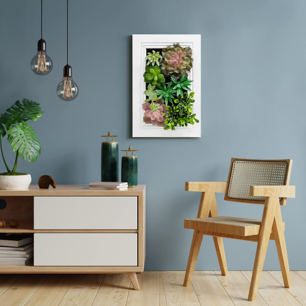 Nattol 3D Artificial Succulent Wall Art, Wood Frame with Realistic Faux Plant, Wall Hanging Botanical Decoration, Home Decor Idea for Vertical Garden and Fake Plants, White Nattol