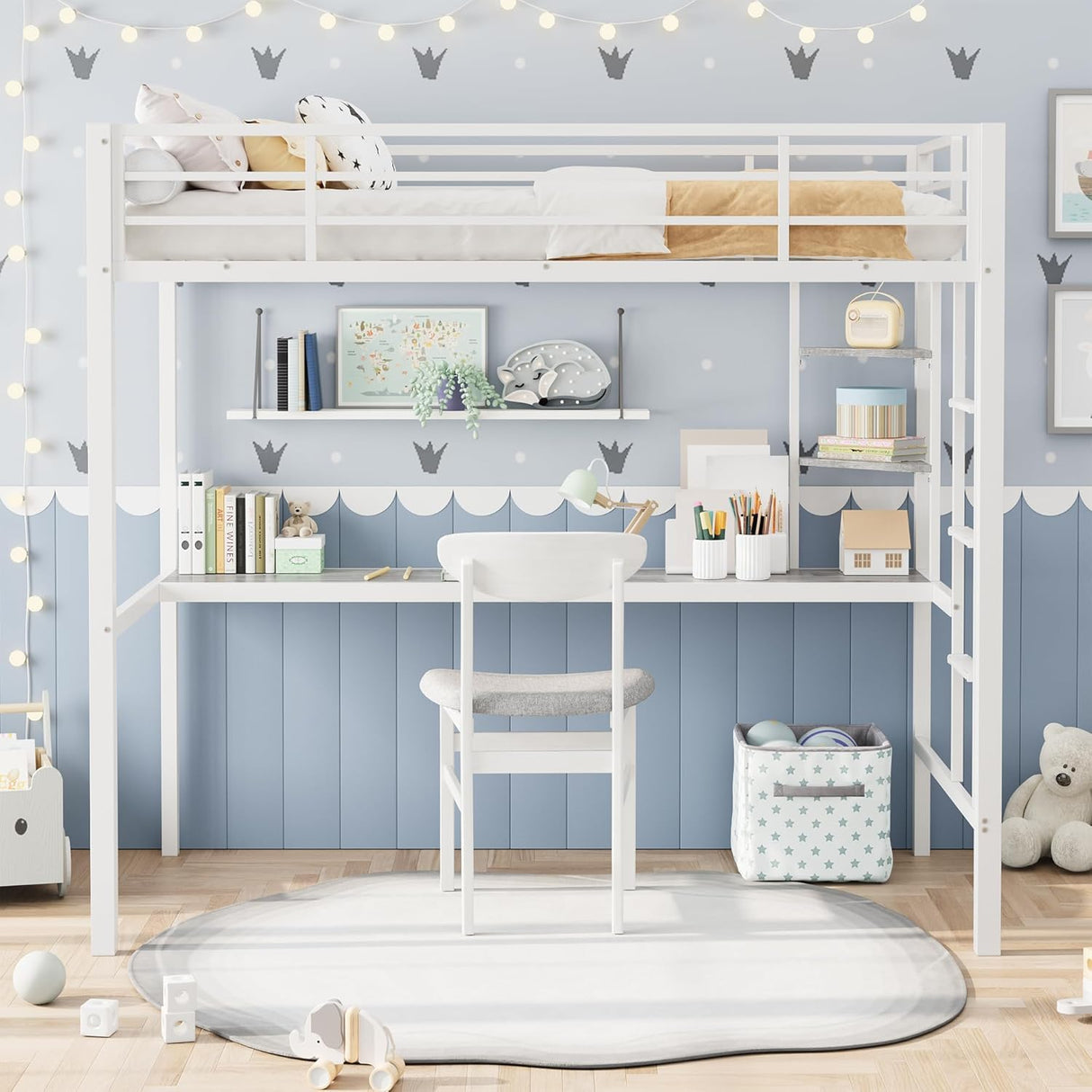 Garvee Twin Size Loft Bed with Large Desk and Storage Shelves, Heavy Duty Metal Loft Bed with Safety Guardrail and Ladder for Kids and Adults, Steel Slats Support, Space Saving, White and Gray Garvee