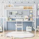 Garvee Twin Size Loft Bed with Large Desk and Storage Shelves, Heavy Duty Metal Loft Bed with Safety Guardrail and Ladder for Kids and Adults, Steel Slats Support, Space Saving, White and Gray Garvee