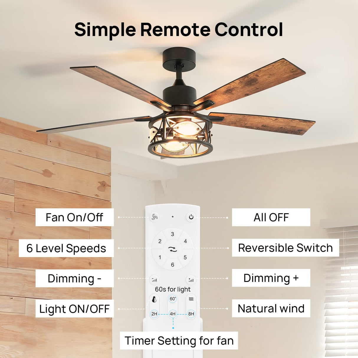 Consciot Ceiling Fan With Lights, 52 Inch Farmhouse Indoor Ceiling Fan With Remote, Quiet Reversible DC Motor, 5 Double Finish Wood Blades, Easy Dual Mount, Support Dimmable 2*E26 Bulbs(not included) Consciot