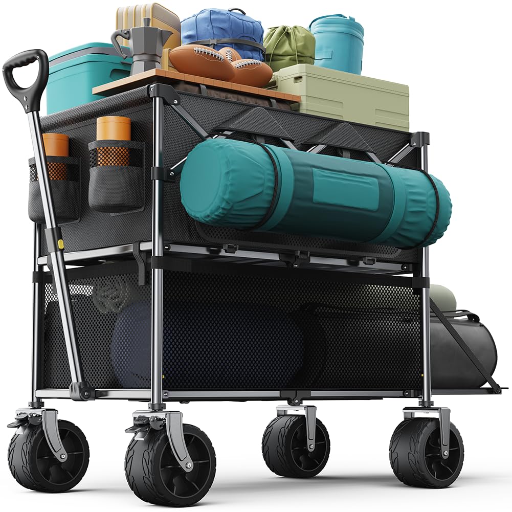 everyfun Pro Collapsible Wagon Double Decker,Wagons Carts Foldable,Heavy Duty Wagon Camping Sports Garden Grocery,Utility Wagon for All Terrain Black everyfun Pro