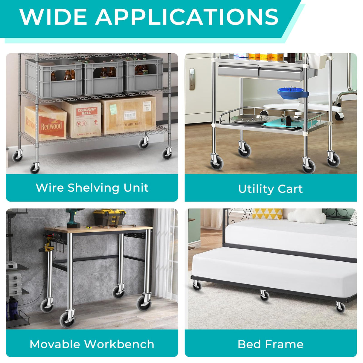 Besitu 4 Inch Caster Wheels, 1/2"-13 Inch Course Threaded Stem Caster Set of 4 with Side Brake, Heavy Duty TPR Swivel Caster Wheels for Dolly Cart, Wire Shelving Industrial Screw in Casters Besitu