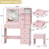Vanity Desk with Mirror and Lights, Makeup Vanity Table Set with 5 Storage Drawers, Power Outlet & Chair, Small Dressing Table with RGB Ambient Light, Adjustable Brightness for Girls Bedroom, Pink Xixini
