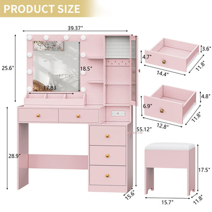 Vanity Desk with Mirror and Lights, Makeup Vanity Table Set with 5 Storage Drawers, Power Outlet & Chair, Small Dressing Table with RGB Ambient Light, Adjustable Brightness for Girls Bedroom, Pink