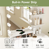 Vabches Makeup Vanity Table with Lighted Mirror & Power Strip, White Vanity Set, Lots Storage, 3 Lighting Modes, Brightness Adjustable, 31.5 * 15.75 * 57.7in, White Vabches