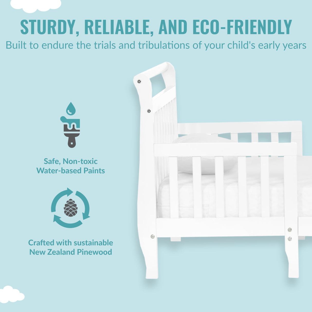 Dream On Me Emma 3 in 1 Convertible Toddler Bed in White, JPMA & Greenguard gold certified, low-to-floor design, built of New Zealand pinewood with the safety of your children in mind Dream On Me