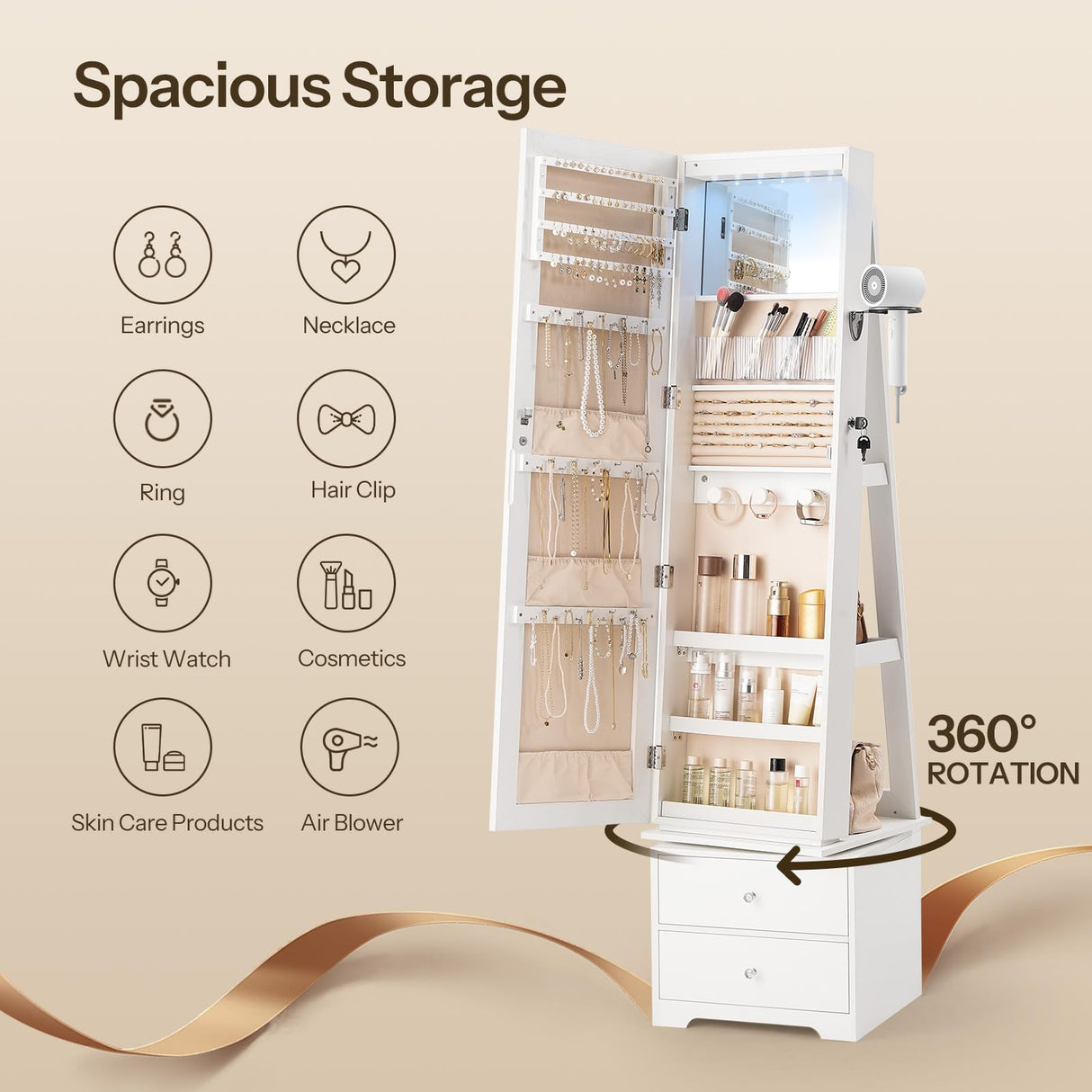 HOOBRO 360° Swivel Jewelry Cabinet with LED Lights, Standing Jewelry Armoire with 2 Drawers, Full-Length Mirrored Jewelry Organizer, Lockable Jewelry Cabinet, Makeup Brush Boxes, White WT05JC04 HOOBRO