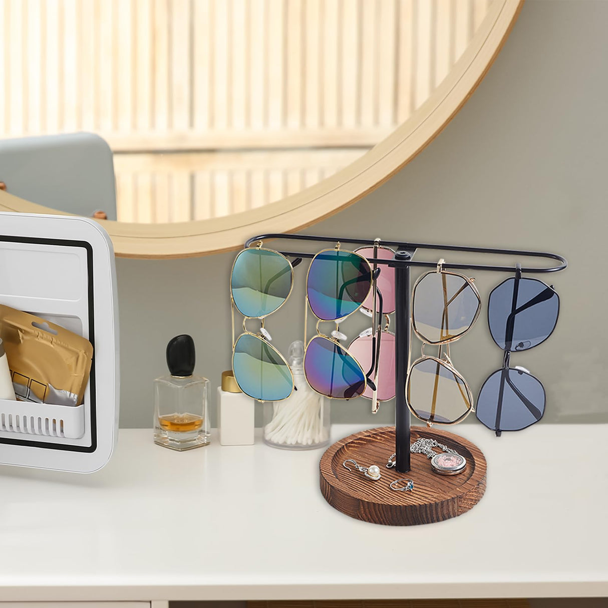 BDBDYEAY Sunglass Organizer, Multiple Glasses Holder Stand for Men and Women, Wood Eyeglass Holder Rack, Metal Sunglasses Organizer Storage for dresser, desk, bedroom, nightstand BDBDYEAY