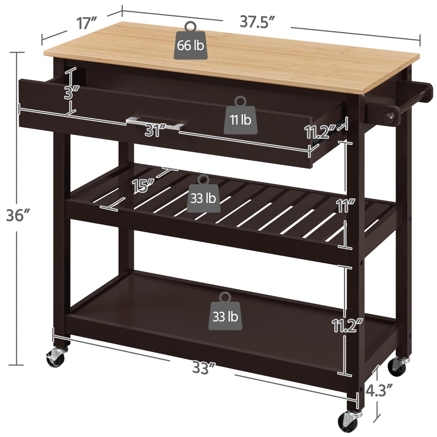 Yaheetech Kitchen Island Cart on Wheels with Bamboo Tabletop, 3-Tier Rolling Kitchen Island Microwave Cart with Drawer, Detachable Towel, 3 Hooks, 17″D × 37.5″W, Espresso