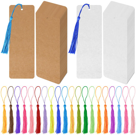 MIDELONG 40 Pcs Kraft Paper Blank Bookmarks with 40 Pcs Colorful Tassels DIY Craft Blank Cardstock Bookmarks for DIY Art Projects, School Supply, Gifts Tags 5.5x2 inch MIDELONG