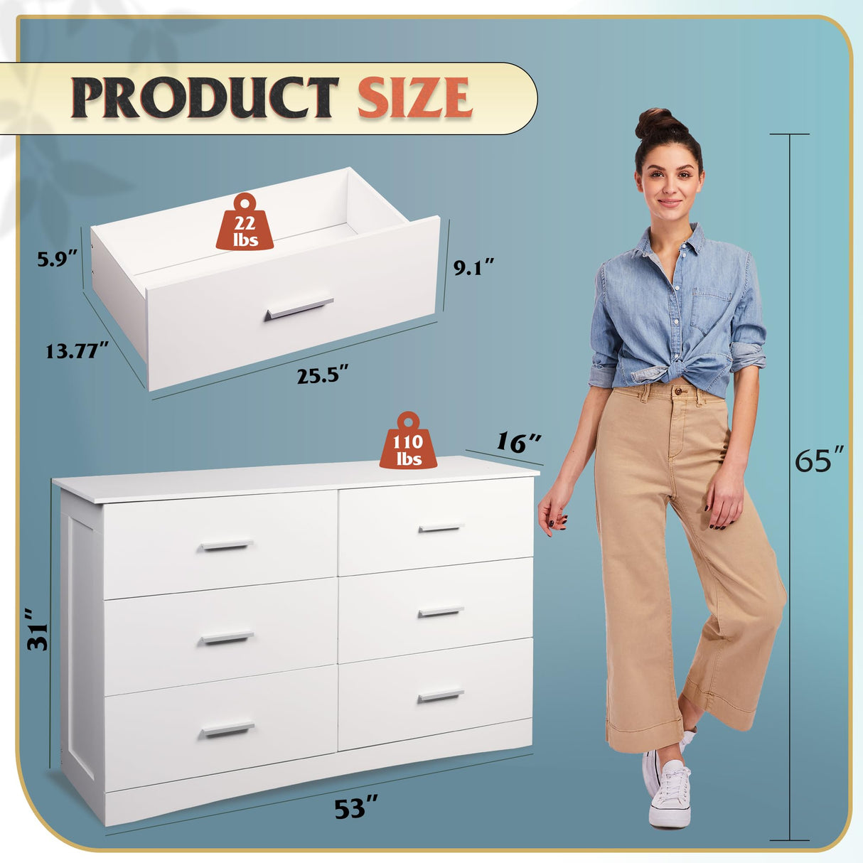 WLIVE Wood Dresser for Bedroom, Wide Chest of Drawers with 6 Drawers, Large White Storage Tower Unit, Modern Minimalist Closet Store Organizer for Living Room, Hallway WLIVE