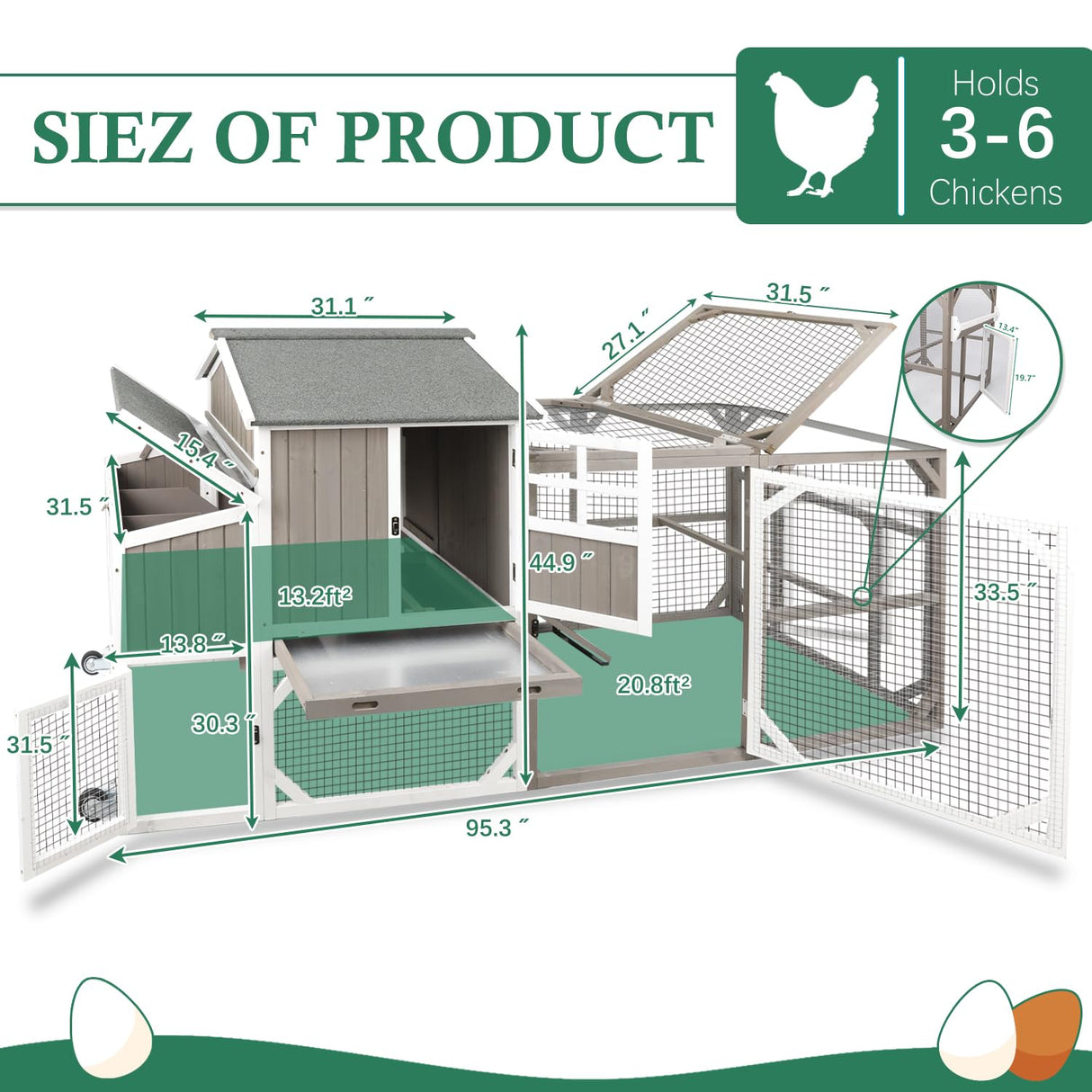 Magazoopet 95.3" Large Chicken Coop with Run, Tractor Hen Chicken House with 3 Nesting Boxes, Portable Duck Rabbit Quail Hutch Poultry Cage for 4-6 Chickens with 6 Access,Pull-Out Tray Magazoopet