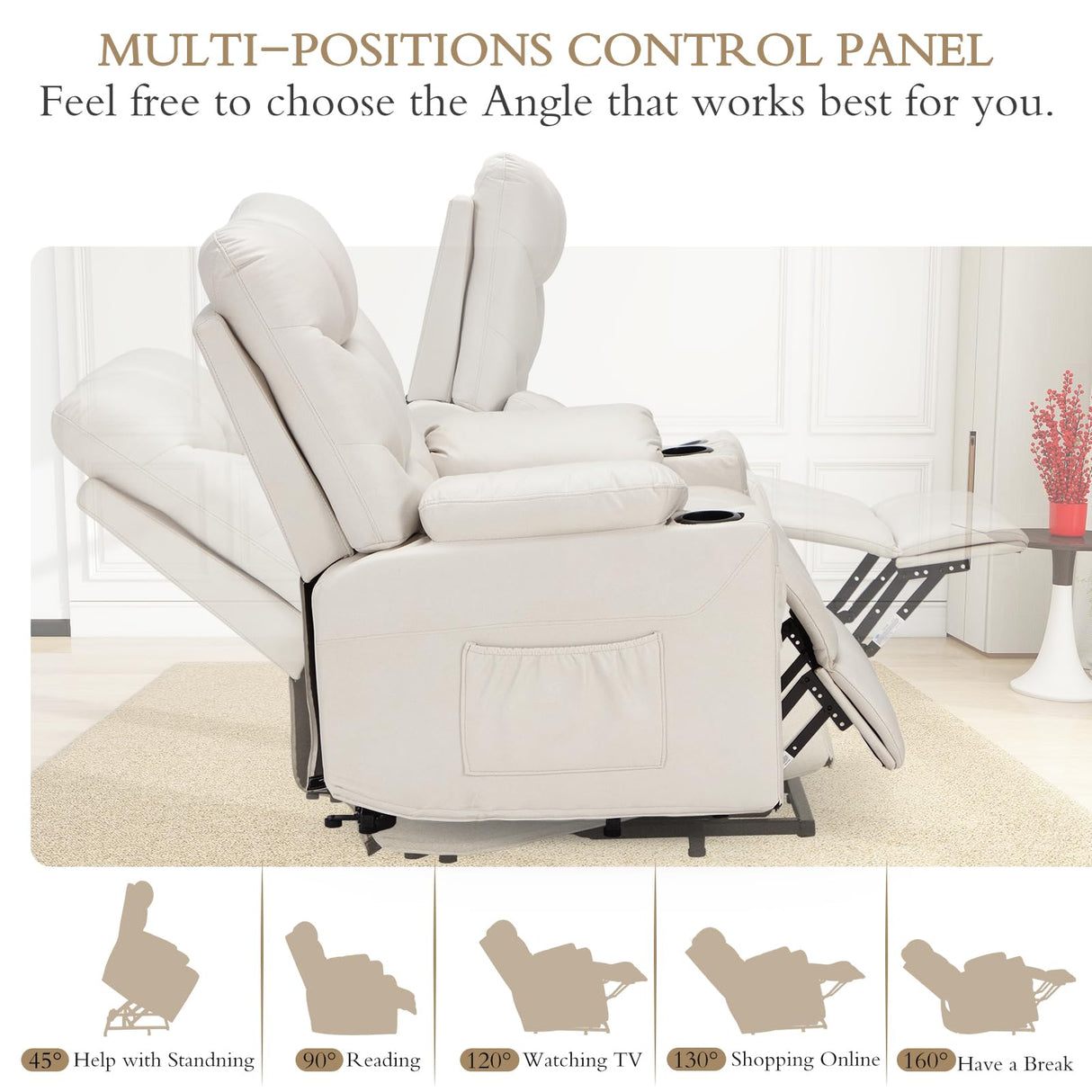 Esright Power Lift Recliner for Elderly, Electric Lift Chair with Heated Vibration Massage,Heavy Duty Electric Recliner with Side Pockets, USB Charge Port & Cup Holders, Cream Beige Esright