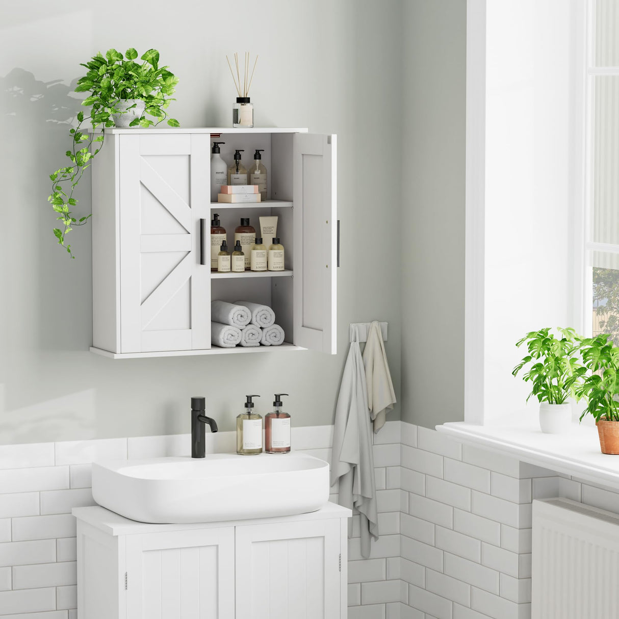 Homleke Bathroom Wall Cabinet, Over Toilet Storage Cabinet with Barn Doors and Adjustable Shelves, 3-Tier Medicine Cabinet Wall Mounted, for Bathroom, Kitchen, Entryway, Laundry Room, White, (7.9" D) Homleke