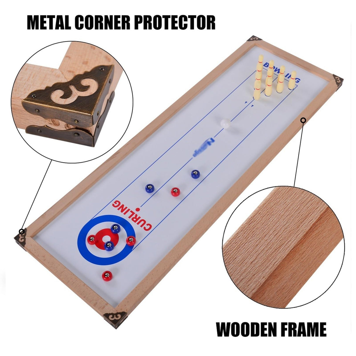 3-in-1 Wood Shuffleboard, Tabletop Curling Game Board Set with 8 Rollers, Portable Mini Tabletop Games for Kids and Adults QCHIAN