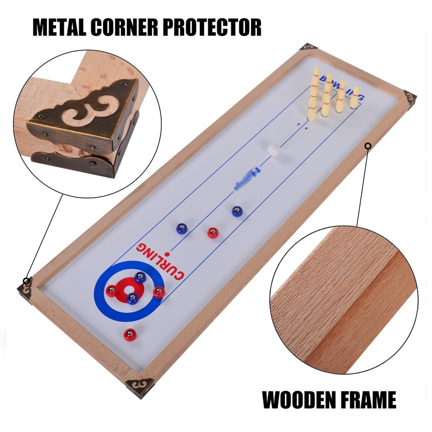 3-in-1 Wood Shuffleboard, Tabletop Curling Game Board Set with 8 Rollers, Portable Mini Tabletop Games for Kids and Adults - WoodArtSupply