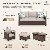 HERA'S HOUSE Patio Furniture Set with Fire Pit Table, 8 Pieces Outdoor Wicker Conversation Set, 4 x Single Chair, 2 x Ottoman, 3-Seat Sofa with 56" Fire Pit Table, for Garden, Poolside, Backyard HERA'S HOUSE