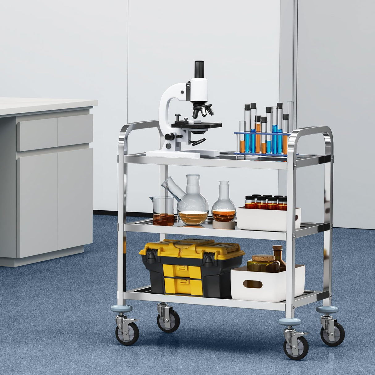 VEVOR Stainless Steel Cart, 3 Layers Lab Utility Cart 400 lbs Weight Capacity, Medical Cart with Lockable Universal Wheels, for Lab, Clinic, Kitchen, Salon VEVOR