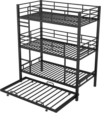 Virubi Twin Over Twin Triple Bunk Bed with Trundle,Detachable Metal Bunk Bed Twin Over Twin 3 Bed Bunk Beds for Kids Twin Bunk Bed with with 2 Ladders and Guardrails (Black)