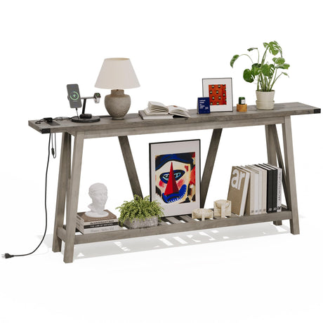 JOINHOM 70 Inches Extra Long Sofa Table Behind Couch, 2-Tier Industrial Entryway Table, Narrow Entry Console Table with Storage for Entryway, Living Room, Foyer, Gray JOINHOM