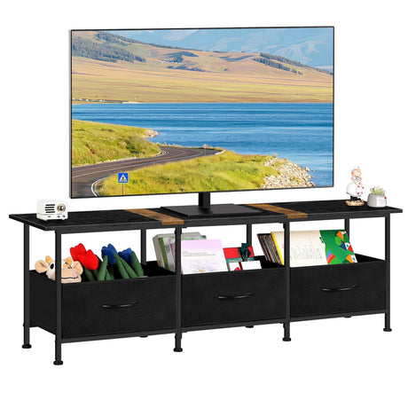 CADUKE Black TV Stand for 55 inch TV, Farmhouse Entertainment Center with 3 Fabric Drawers, Industrial TV Console Table for Bedroom, Living Room CADUKE