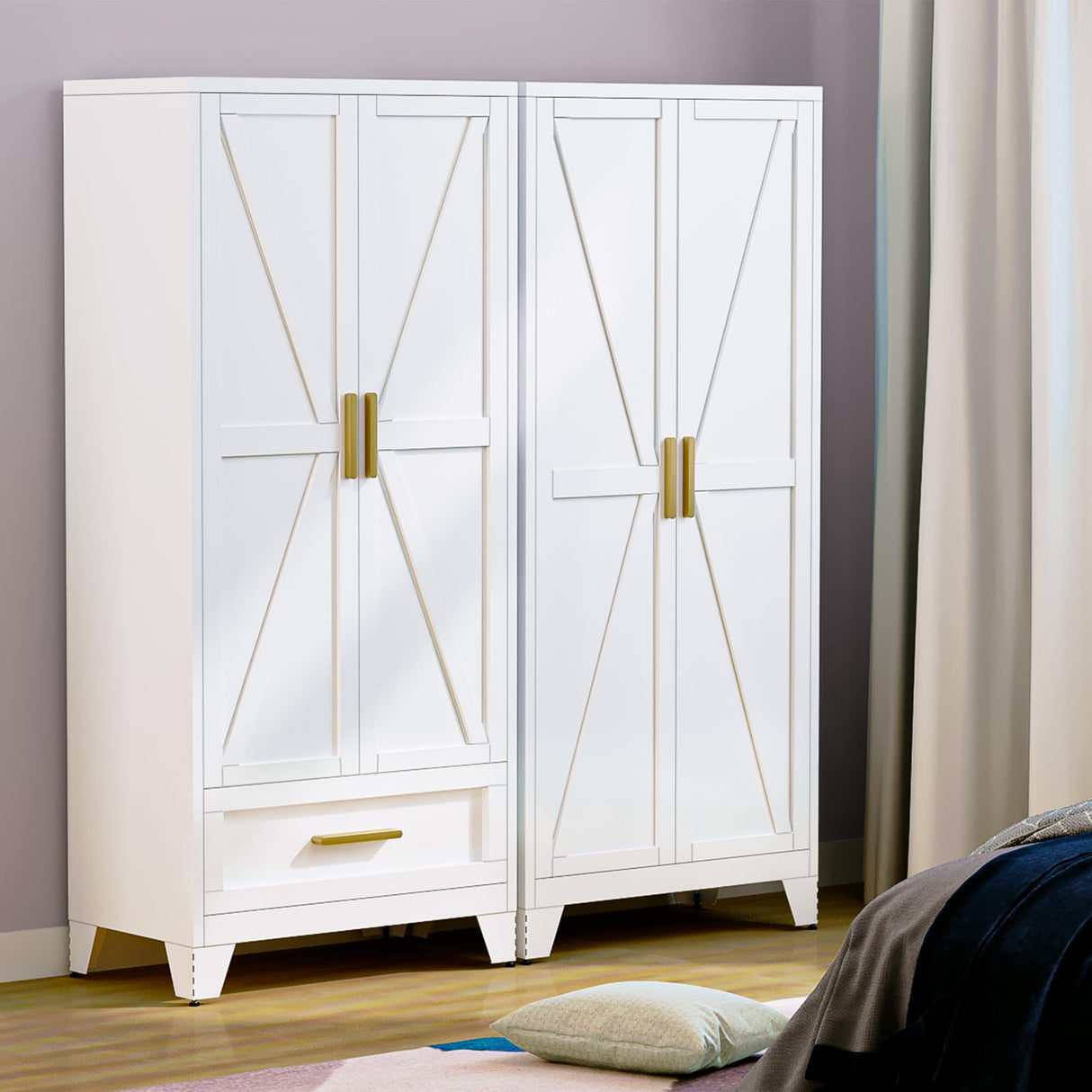 Washsemba 71'' Farmhouse Metal Wardrobe Cabinet with Hanging Rod, 2 Barn Door Wardrobe Closet with Adjustable Shelves,Drawer,for Dining Room,Bedroom,Living Room, Cloak Room,Office (White) Washsemba