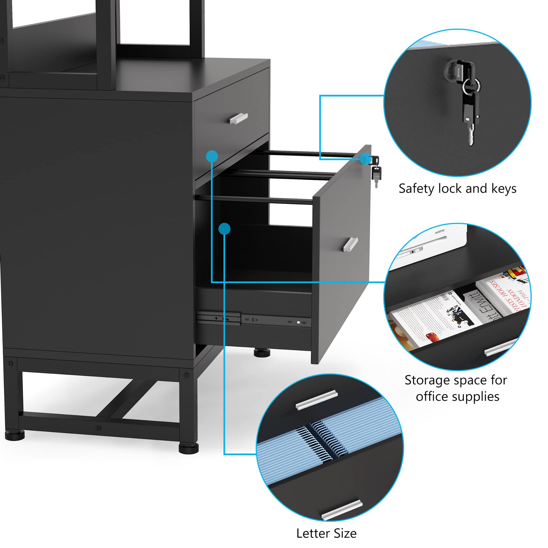 Tribesigns Modern 2 Drawer Vertical File Cabinet with Lock and Open Bookshelf Storage, Black - WoodArtSupply