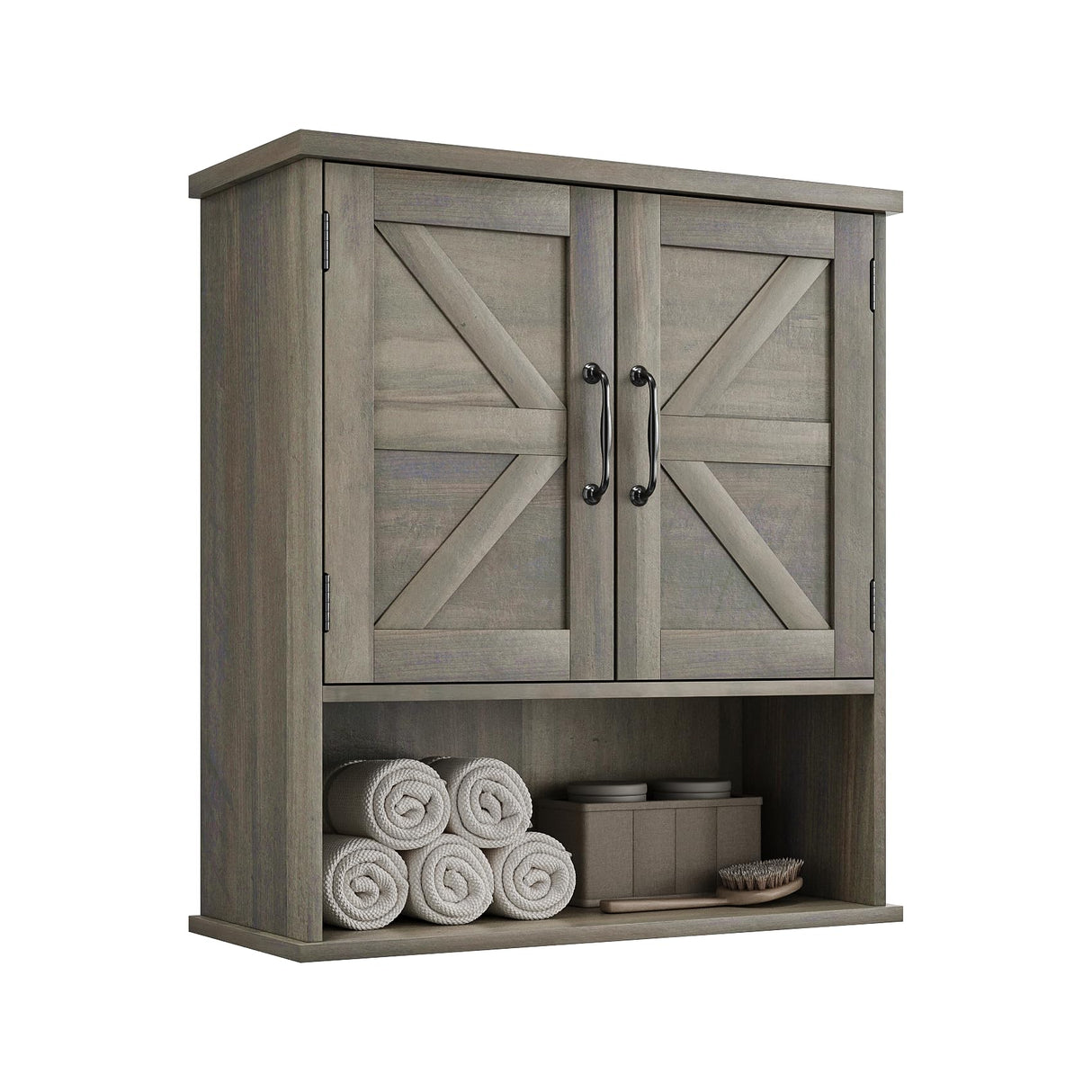 Mino Kesper Bathroom Wall Cabinet with Barn Doors, Wall Mounted Bathroom Storage Cabinet, Farmhouse Style, Adjustable Shelf, Wall Mounted, Grey Mino Kesper