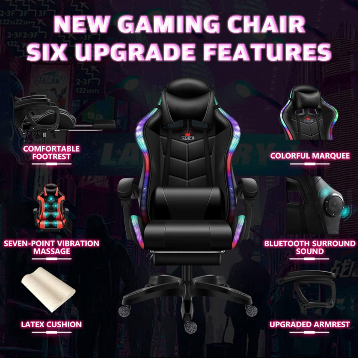 TBQATNTS 7-Point Massage Gaming Chair with Speakers and LED Lights, Ergonomic Computer Gaming Chair with Footrest and Lumbar Support,High Back Office Video Racing Adult Gaming Chair,Black,Normal TBQATNTS