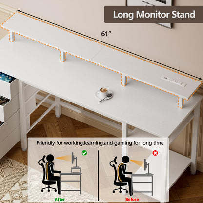 Furologee 61 Inch Desk with Power Outlets and LED Lights, Computer Desk with 4 Removable Drawers, White Office Desk with Long Monitor Stand, Large Gaming Desk with Shelves for Home Office/Bed - WoodArtSupply