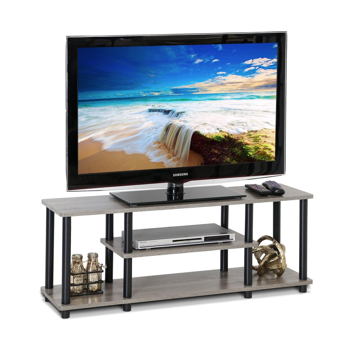 Furinno Turn-N-Tube No Tools 3D 3-Tier Entertainment TV Stand up to 50 inch TV, Round Tubes, French Oak Grey/Black