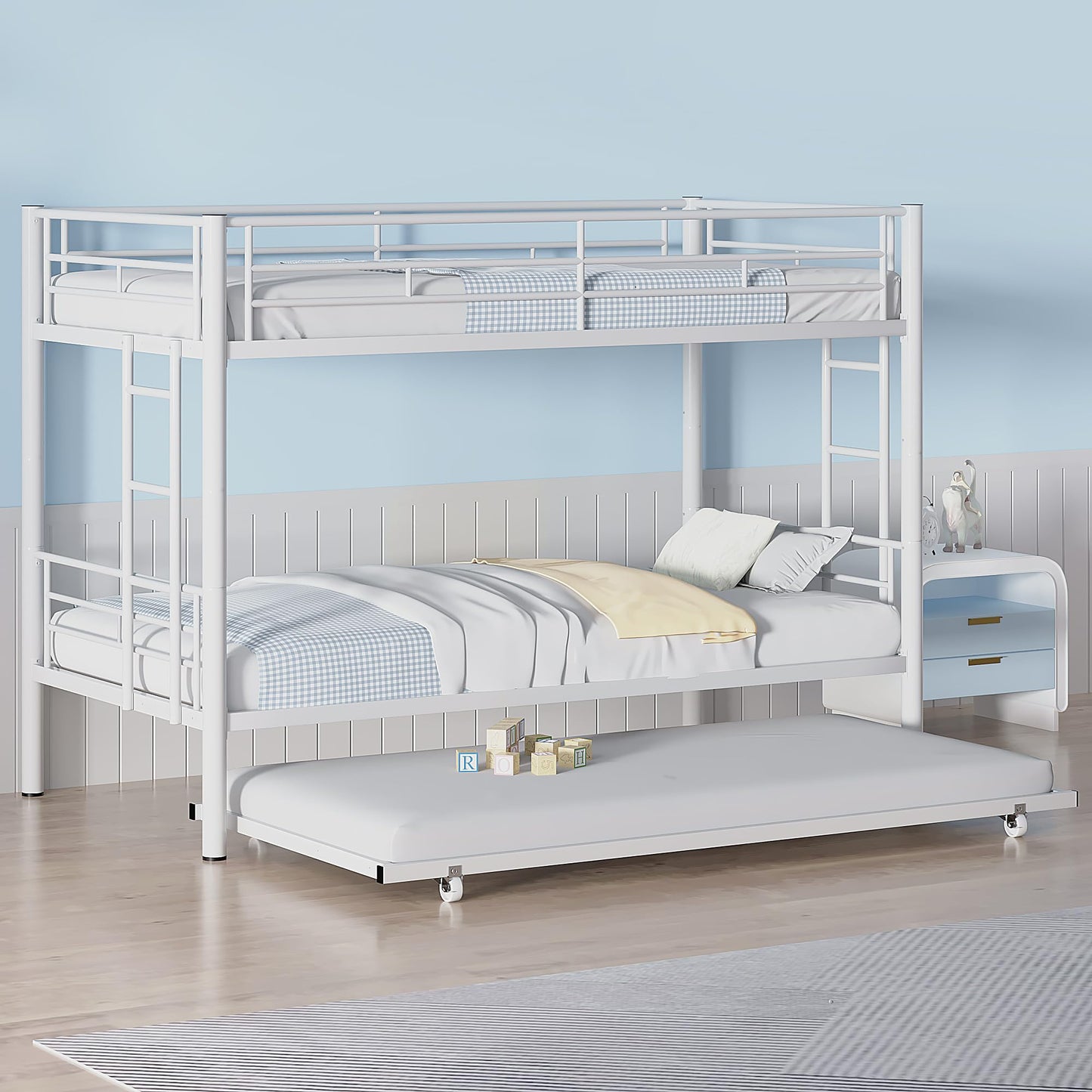 VECELO Twin Over Twin Bunk Bed with Trundle, Metal Bunkbeds with Ladder and Full-Length Guardrail, Noise Free, No Box Spring Needed, Off White