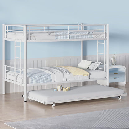 VECELO Twin Over Twin Bunk Bed with Trundle, Metal Bunkbeds with Ladder and Full-Length Guardrail, Noise Free, No Box Spring Needed, Off White