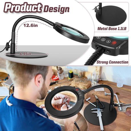 Krstlv 10X Magnifying Glass with Light and Stand, 5 Color Modes Stepless Dimmable LED Lighted Desk Lamp, Hands Free Flexible Gooseneck Magnifier with Light for Craft Hobby Painting Sewing Close Work Krstlv