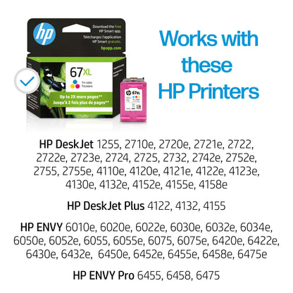 HP 67XL Tri-color High-yield Ink Cartridge | Works with HP DeskJet 1255, 2700, 4100 Series, HP ENVY 6000, 6400 Series | Eligible for Instant Ink | 3YM58AN