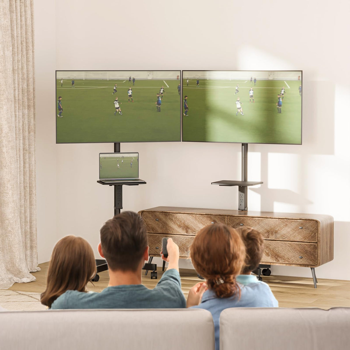 WALI Mobile TV Stand with Power Outlet, TV Cart for 23-65 inch TVs up to 88lbs, Portable Rolling TV Stand on Wheels with Height Adjustable and Tilt 20°, Max VESA 400x400mm (AVC001-P), Black WALI