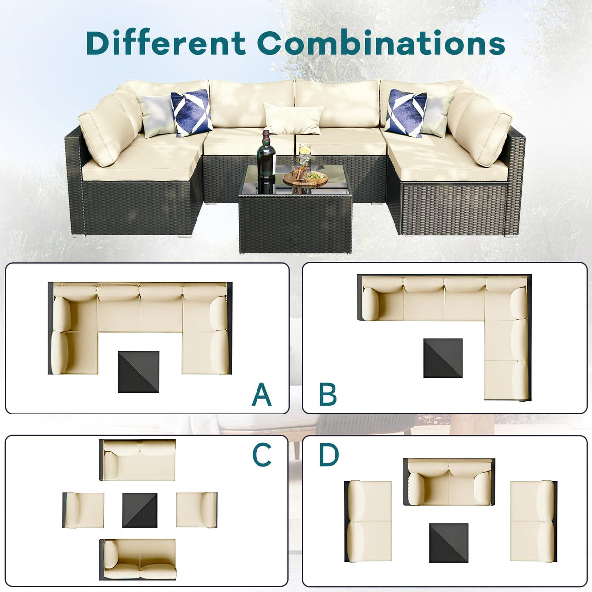 ELEGIBLISS 7 Pieces Patio Furniture Set - Outdoor Sectional Wicker Rattan Furniture with Cushion and Glass Table Patio Conversation Sets for Porch Poolside Backyard Outdoor Sofa Set Modular Sofa ELEGIBLISS