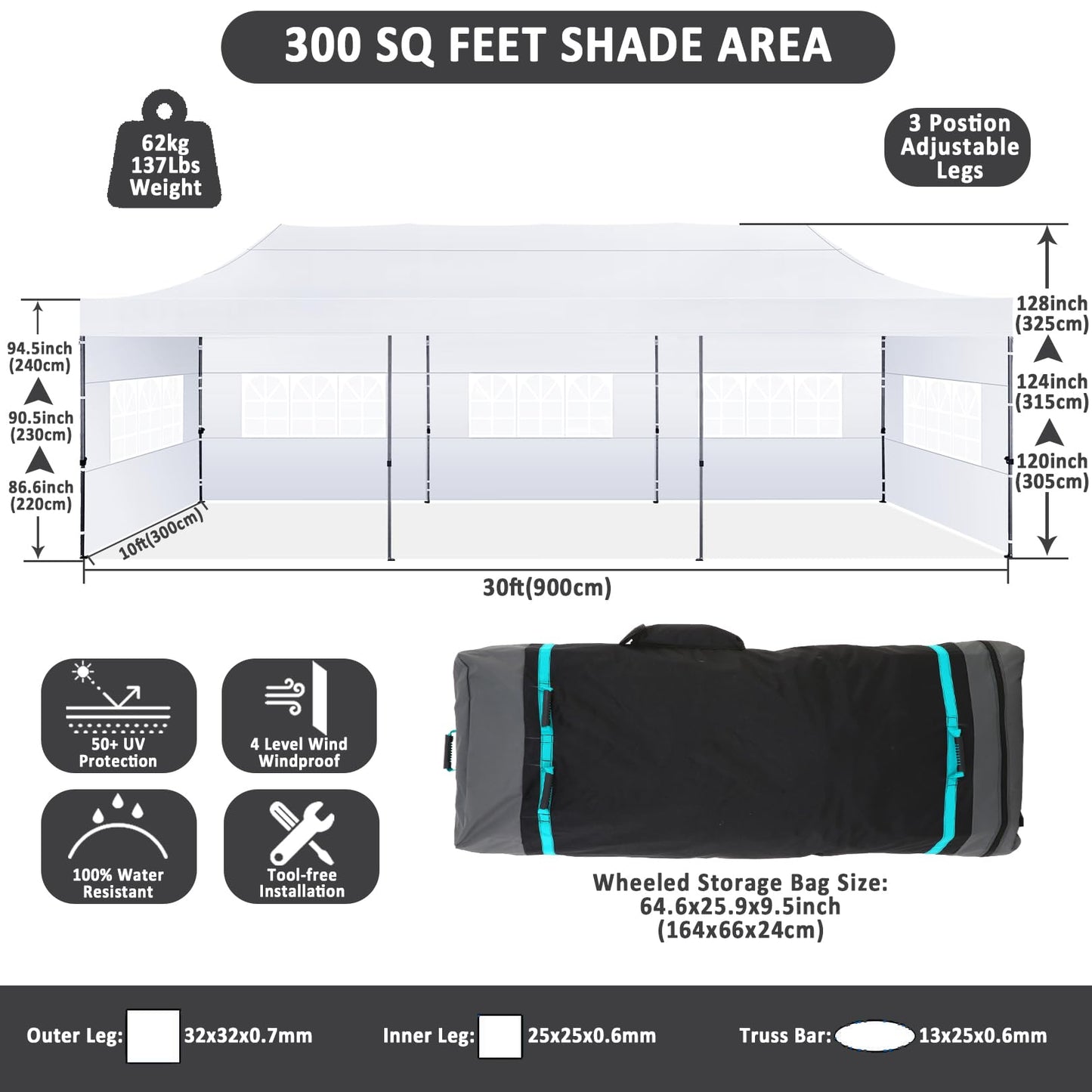 COBIZI 10x30 Pop Up Canopy with 8 Sidewall,Heavy Duty Canopy UPF 50+ All Season Wind Waterproof Commercial Outdoor Wedding Party Tents for Parties Canopy Gazebo with Roller Bag(10 x 30 ft White)