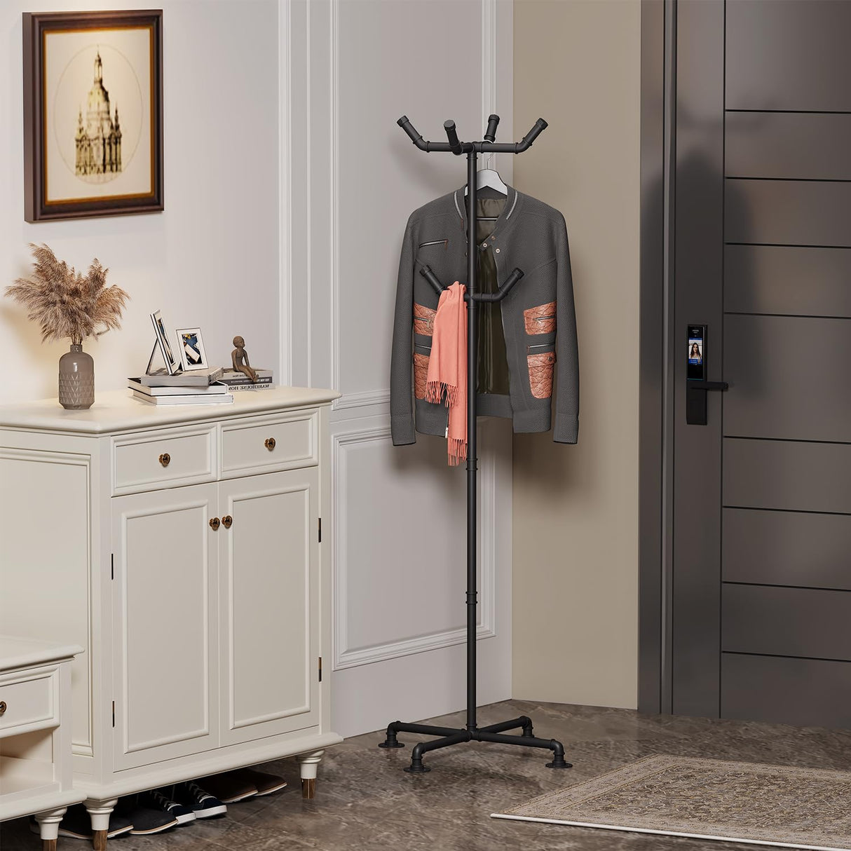 THRONKENGER Industrial Coat Rack,Metal Pipe Coat Rack Stand Freestanding with 6 Hooks,Heavy Duty Coat Tree Sturdy Coat Racks for Entryway, Hallway, Bedroom (Black) THRONKENGER