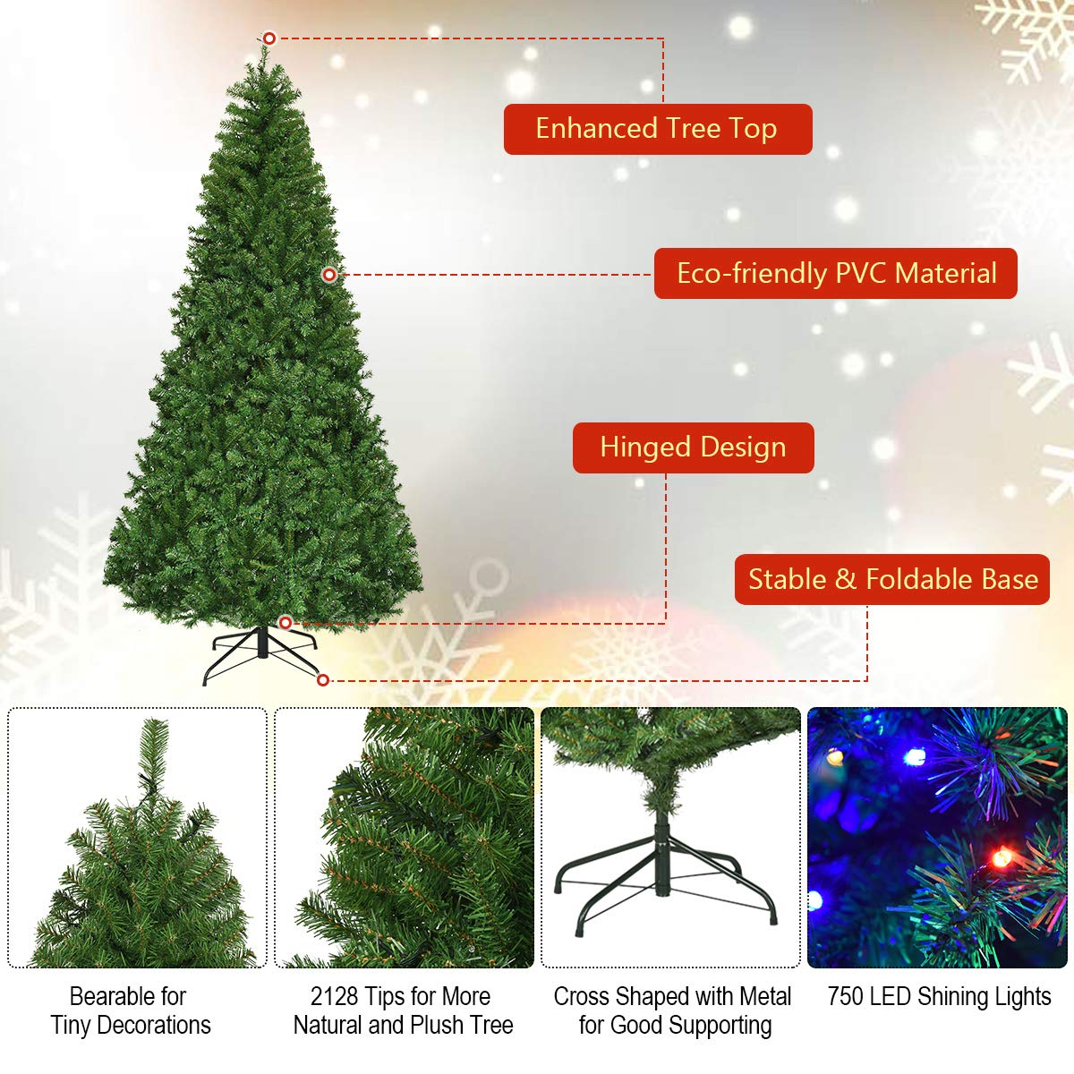 Goplus 8FT Pre-Lit Artificial Christmas Tree Auto-Spread/Close up Branches 11 Flash Modes with Multicolored 750 LED Lights & Metal Stand