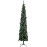 HOMCOM 9.5 Foot Pencil Artificial Christmas Tree, Slim Pine Needles Xmas Tree with Realistic Branches, Pine Cones, Metal Base, Green HOMCOM