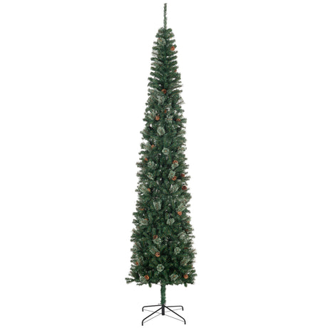 HOMCOM 9.5 Foot Pencil Artificial Christmas Tree, Slim Pine Needles Xmas Tree with Realistic Branches, Pine Cones, Metal Base, Green HOMCOM